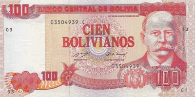 BOLIVIA █ bancnota █ 100 Bolivianos █ 1986 (1993) P-213 Serie B UNC necirculata foto