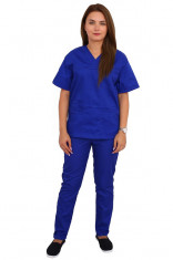 Costum medical albastru cu bluza cu anchior in forma V, trei buzunare aplicate si pantaloni albastri cu elastic. XS foto