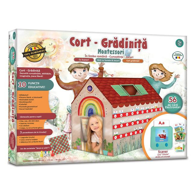 Cort de joaca gradinita Montessori, pentru bebelusi si copii, 10 functii educative, cartonase ilustrate, cantece si povesti, scaner cu 56 carti electr
