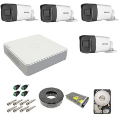 Kit complet 4 camere supraveghere exterior 5MP TurboHD Hikvision IR 40M DVR 4 canale sursa alimentare accesorii hard 1TB SafetyGuard Surveillance