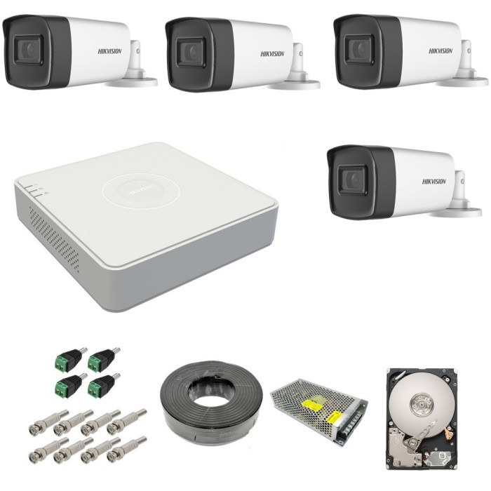 Kit complet 4 camere supraveghere exterior 5MP TurboHD Hikvision IR 40M DVR 4 canale sursa alimentare accesorii hard 1TB SafetyGuard Surveillance