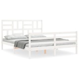 Cadru de pat cu tablie, alb, king size, lemn masiv