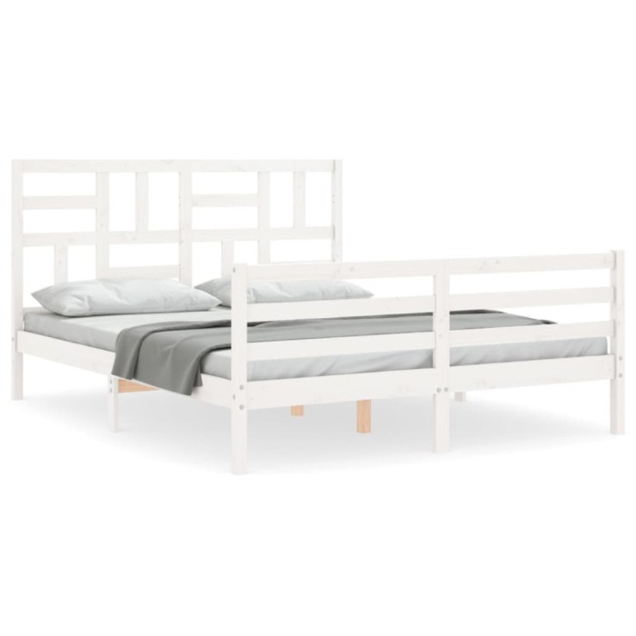 Cadru de pat cu tablie, alb, king size, lemn masiv