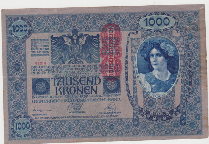 AUSTRIA UNGARIA 1000 COROANE KRONEN 1902 SUPRATIPAR DEUTSCHEOSTEREICH UZATA