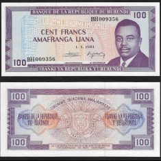 BURUNDI █ bancnota █ 100 Francs █ 1981 █ P-29b █ UNC █ necirculata