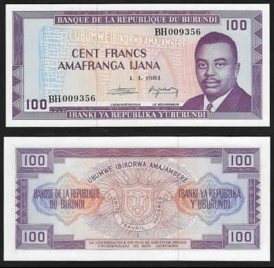 BURUNDI █ bancnota █ 100 Francs █ 1981 █ P-29b █ UNC █ necirculata foto