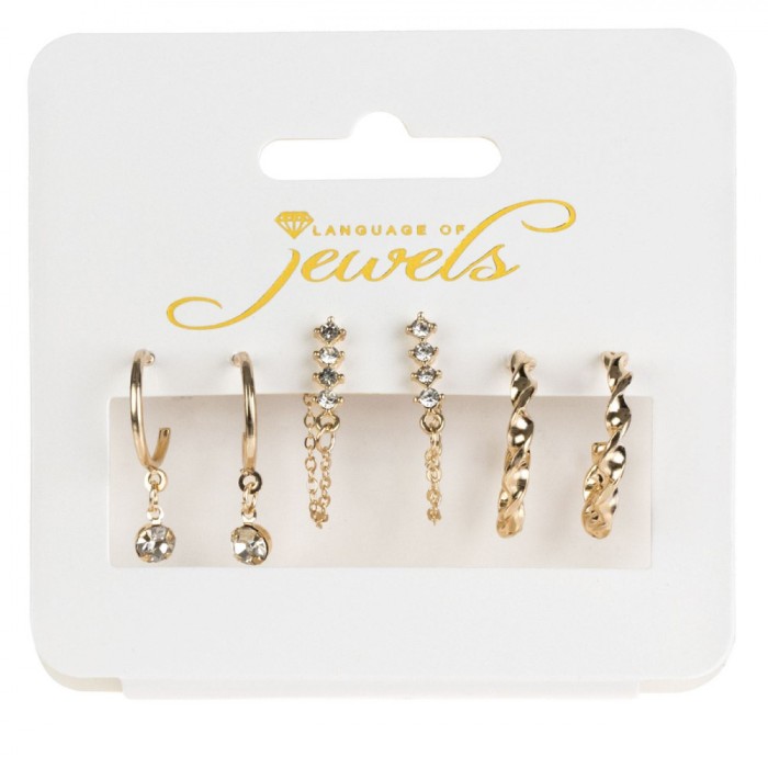 Set Cercei Language of Jewels, Aurii, 3 Perechi, Strass și Model Răsucit