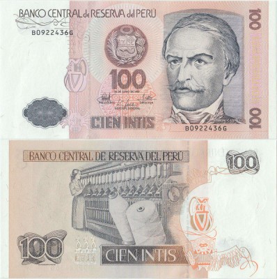 1987 (26 Iunie), 100 intis (P-133a) - Peru - stare UNC foto