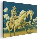 Tablou pictura cavaler pe un cal cu doua capete, stil suprarealist, galben 1438 Tablou canvas pe panza CU RAMA 70x100 cm