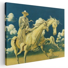 Tablou pictura cavaler pe un cal cu doua capete, stil suprarealist, galben 1438 Tablou canvas pe panza CU RAMA 20x30 cm