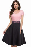 Rochie Eleganta Dama, Negru-Roz, Dantela Talie, Pliuri Lejere, Maneci Scurte. Rochie de Seara/Ocazie. S/M