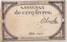 FRANTA ASIGNATA ASSIGNAT 5 LIVRES NOIEMBRIE 1793 SIGN. Blanche F foto