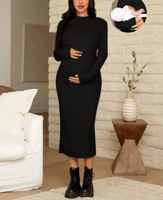 Rochie midi pentru alaptat, cu maneci lungi, Maternity, negru foto