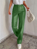 Cumpara ieftin Pantaloni largi, din piele ecologica, cu talie inalta, verde, dama Shein