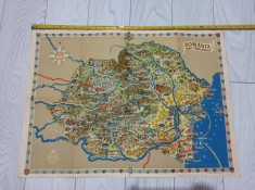 "Rom&acirc;nia, ţara turismului", harta turistică a Rom&acirc;niei Mari , realizată de pictorul și ilustratorul Dem Demetrescu, 1938