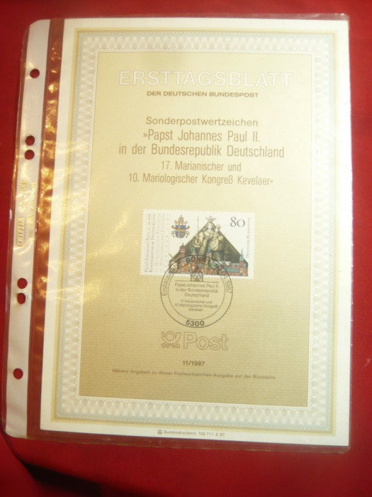 Carton Ersttagblatt- Filatelic- Vizita Papei Ioan Paul II in RFG 1987