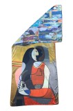 Esarfa tip sal doua fete pictata P, Dacali, matase, galben/gri, 180x70cm, Multicolor, Marime universala