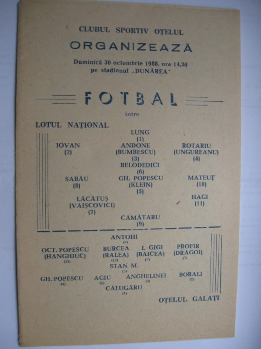 Program de meci fotbal/Lotul RSR-Otelul Galati (30 octombrie 1988)