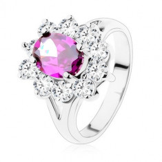 Inel cu brațe despicate, oval violet cu margine de zirconiu strălucitor - Marime inel: 49