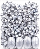 Set de 18 fundite si 4 role de banda pentru Craciun Holijolly, polipropilena, argintiu, 8,89 cm