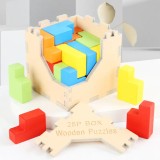 Puzzle tetris cub din lemn, 25 piese, 7x7x7 cm