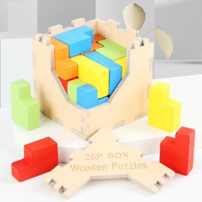 Puzzle tetris cub din lemn, 25 piese, 7x7x7 cm foto