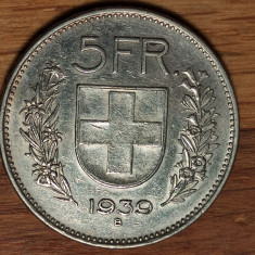 Elvetia -moneda de colectie an rar- 5 franci / francs 1939 argint 0.835 -uriasa!