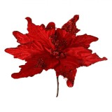 Floare Decorativa Craciunita, Petale Catifelate, Glitter si Paiete, Rosu, 30cm, Tulpina Scurta, Oem