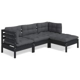 Cumpara ieftin Set mobilier grădină cu perne, 4 piese, negru, lemn de pin