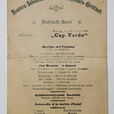 MENIUL MICULUI DEJUN PE VASUL TRANSATLANTIC GERMAN '' CAP VERDE '' , TEXT IN LB. GERMANA SI SPANIOLA , 1903