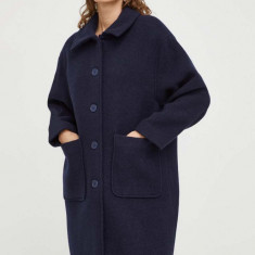 American Vintage palton de lana culoarea albastru marin, de tranzitie, oversize