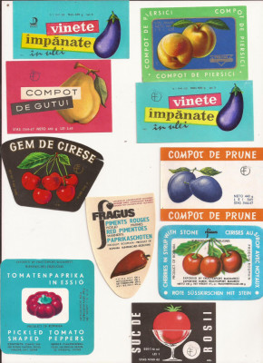 10 Etichete ,Ambalaje alimentare Fructus Timisoara, Fragus, Dunarea, anii 70 foto