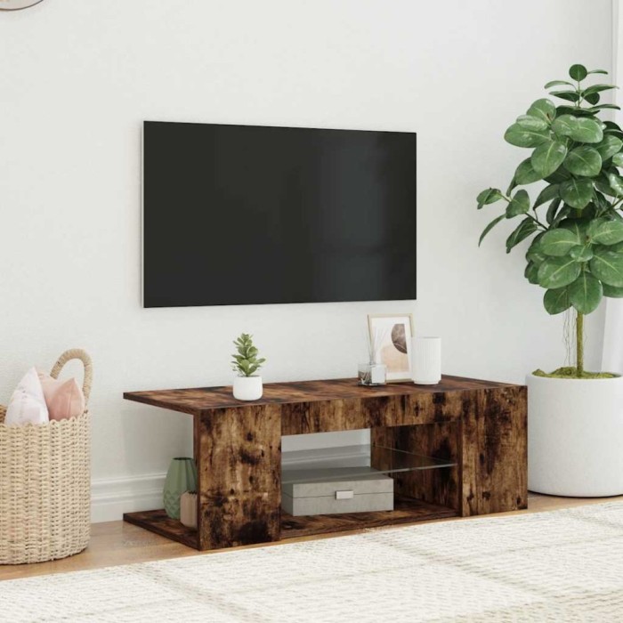 vidaXL Comodă TV cu lumini LED, stejar fumuriu, 90x39x30 cm
