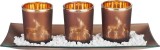 Suport decorativ pentru 3 lumanari tip pastila, cu tava, cupru, 26x12x7 cm