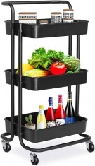 Raft depozitare cu 3 cosuri, roti pivotante, structura metalica, ABS, 45x35x84 cm, negru