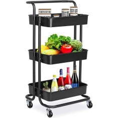 Raft depozitare cu 3 cosuri, roti pivotante, structura metalica, ABS, 45x35x84 cm, negru