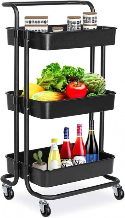 Raft depozitare cu 3 cosuri, roti pivotante, structura metalica, ABS, 45x35x84 cm, negru