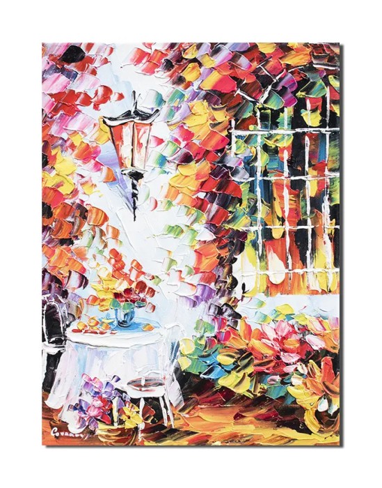 Tablou pictat manual, In gradina la masa noastra, 40x30cm ulei pe panza in cutit efect 3D, Magistral