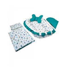 Set 5 piese Baby Nest Premium din Bumbac, curcubeu cu turcoaz