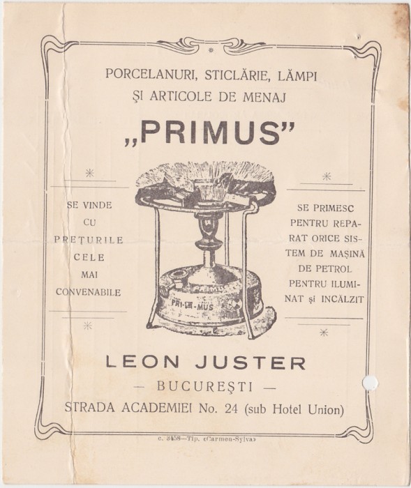 Porcelanuri Sticlarie Lampi si Articole de Menaj Primus Leon Juster Bucuresti ND(1920)