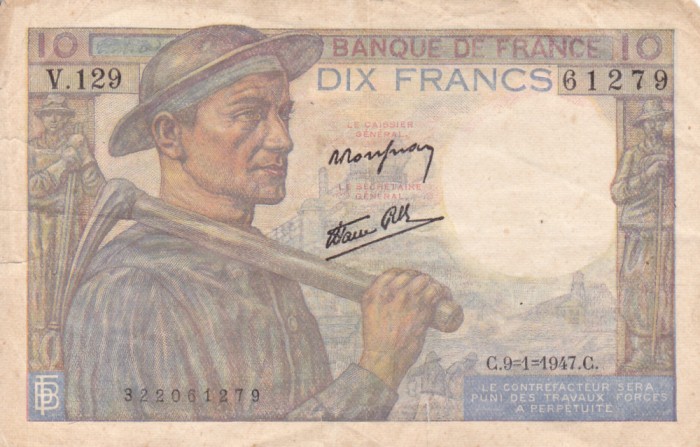 FRANTA 10 francs 9-1-1947 VF!!!
