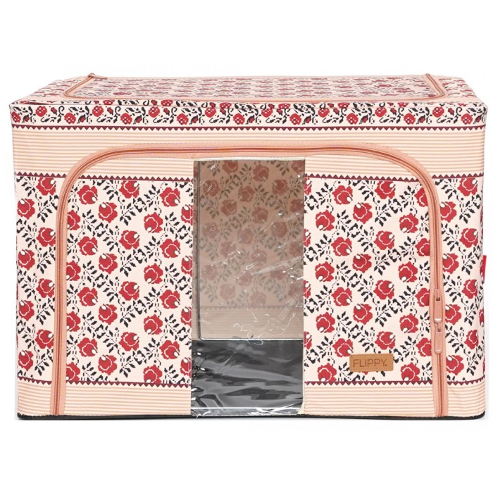 Cutie de depozitare pliabila, flippy,100 l din bumbac si in, 60x42x40 cm, fereastra frontala, 2 usi de acces cu fermoar bidirectional, cadru metalic,