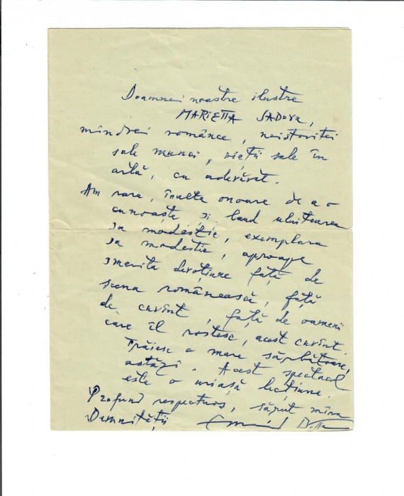 Scrisoare, Emil Botta catre Marieta Sadova