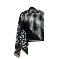 Sal din vascoza negru cu crem, print leopard si pied du coq, 195 x 65 cm