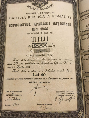 Regatul Rom&amp;acirc;niei - Titlu de 1000 lei &amp;rdquo;&amp;Icirc;mprumutul Apărării Naționale din 1944&amp;rdquo; foto