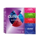Set prezervative DUREX Surprise Me, diverse sortimente, extra subțiri, groase, cu nervuri și puncte, din latex, diametru 53/56, 40 buc