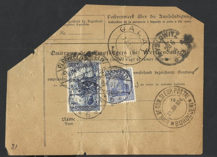 Buletin exp. GERMANIA /ELBERFELD- POLONIA /MYSLOWITZ LA BURDUJENI Romania 1904