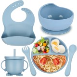 Set 6 piese hranire bebelusi si copii, DEWIFIER&reg;, set de diversificare din silicon fara BPA, fara alergeni, ce contine bol cu ventuza, farfurie compar