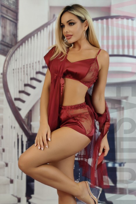 F892-81 Set 3 piese lenjerie sexi din material satinat si broderie