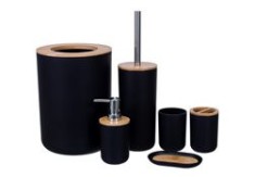 Set de baie, 6 piese, plastic/bambus, negru